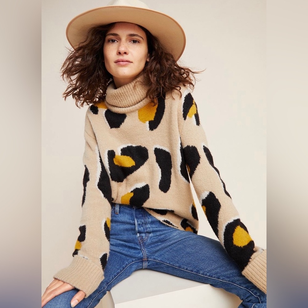Anthropologie Moth Georgia Leopard Print Sweater Turtleneck Knit Tan Size M